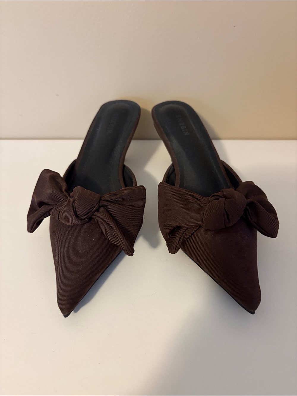 SHEIN Pointed Bow Mules in Dark Brown - Women's Slip-On Fashion